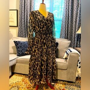 Taylor Animal Print long sleeve smocked waist midi dress. Size 12
